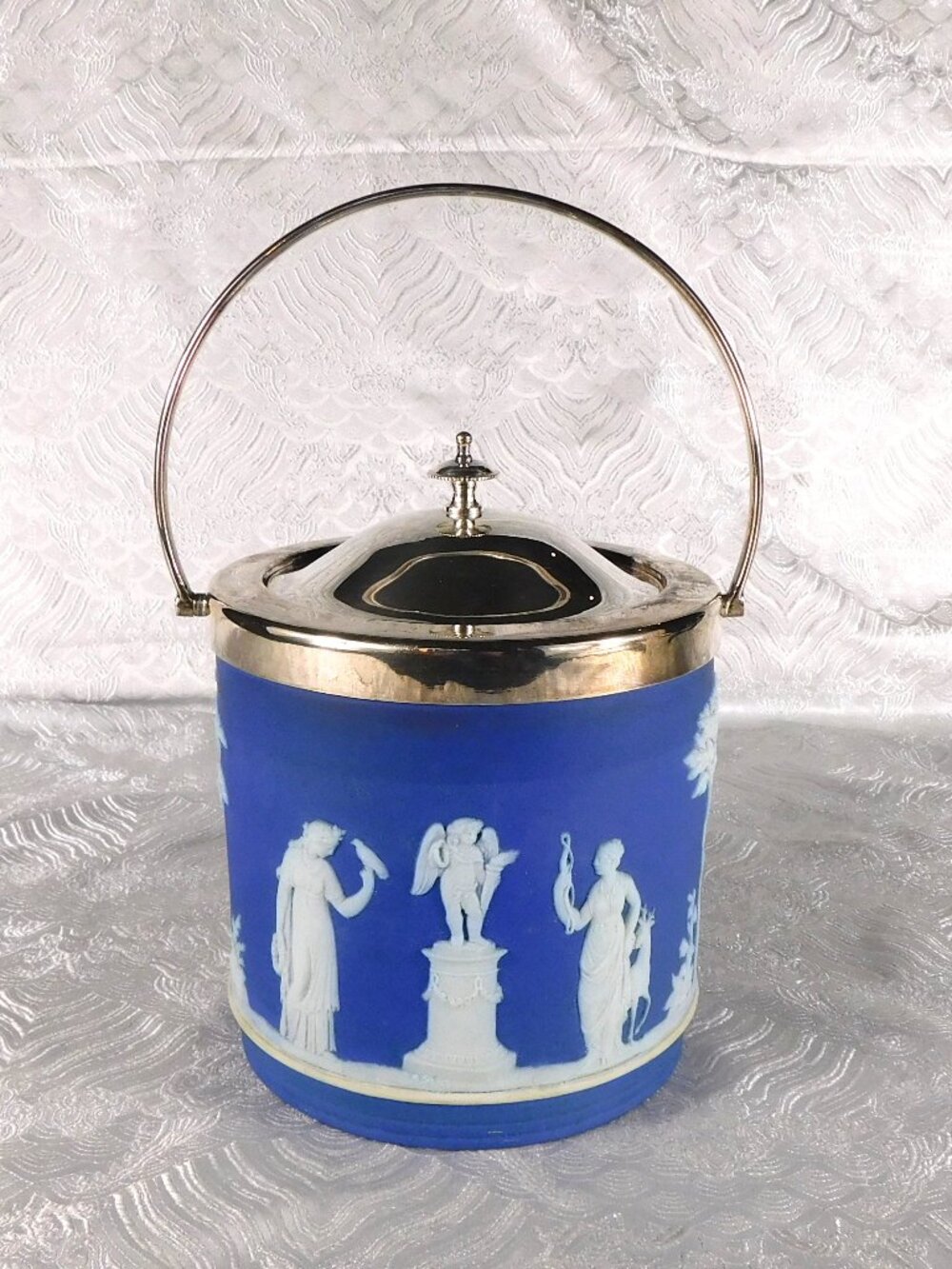 Wedgwood Cream on Dark Blue Jasperware Biscuit Barrel with Lid # 27806